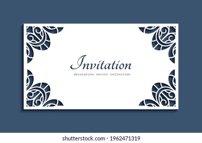 Wedding Card With Lace Corner Decoration, Vector Stencil Template For Laser Cutting, Vintage Wedding Invitation Or Place Card Design, Rectangle Frame With Paper Cut Decor.