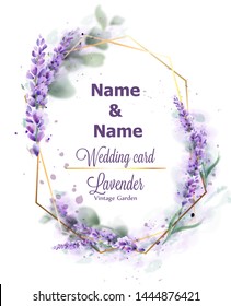 Wedding card Lavender wreath Vector watercolor. Delicate floral bouquet frame. Spring summer banner template