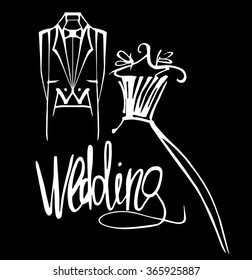Wedding card with lettering isolated. Vector illustration hand drawn. Bride and groom. 