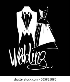 Wedding card with lettering isolated. Vector illustration hand drawn. Bride and groom. 