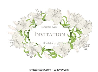 Wedding card with lily flowers. Invitation card template with white blooming lily and text. Congratulation card template for your holiday. Vector illustration.