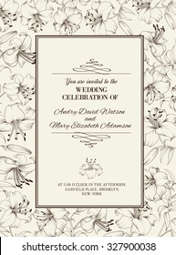 Wedding card with lily flowers. Invitation card template with white blooming lily and text Wedding Celebration over them. Vector illustration.