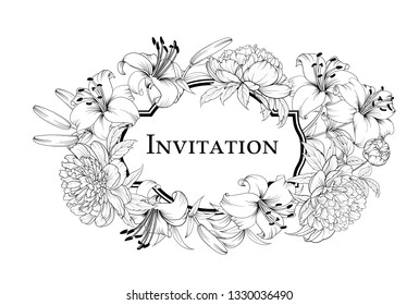 Wedding card with lily flowers. Vintage label card. Invitation card template for your holiday. Vector illustration.