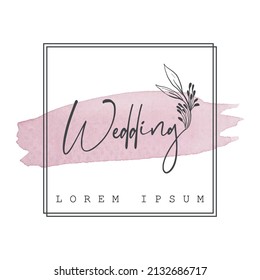 Wedding card logo with square on pink watercolor stroke and flower. For wedding cards, sticker and business card.