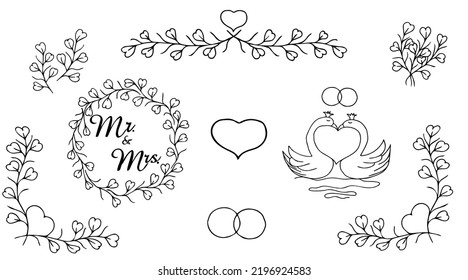 Wedding card, Lovely Wedding Design
Vektor floral template for wedding cards with Mr and Mrs lettering and delicate wreath with branches. Isolated on background. Vektor.
