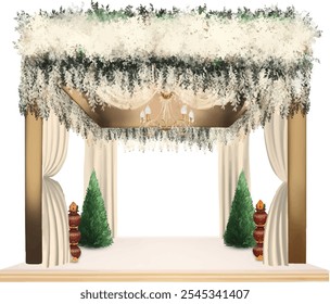 Mandap para tarjeta de boda, ilustración de mandap con decoración de flores blancas en el mandap con pilares dorados y kalash en color rojo con suelo blanco, cortinas blancas