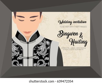 Wedding card with men traditional Chinese dress in black and sliver can be used as invitation card tree and flower background. Vector illustration.