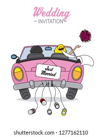 wedding card. Newlyweds go by car.