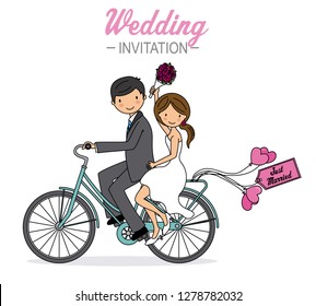 wedding card. Newlyweds on a bicycle.