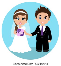 Wedding card with the newlyweds on a blue background. Bride and groom. Also suitable for invitation card. Vector illustration.