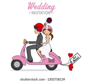 wedding card. Newlyweds on a motorcycle