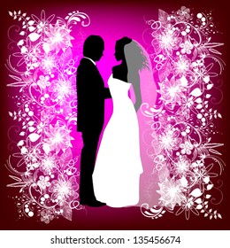 wedding card with the newlyweds on a pink background