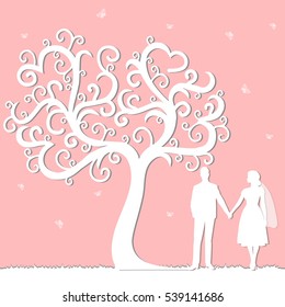 Wedding card with the newlyweds on a pink background with decorative tree. Bride and groom.