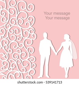 Wedding card with the newlyweds on a pink background with ornament and place for text. Bride and groom. Also suitable for invitation card.