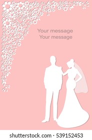 Wedding card with the newlyweds on a pink background with with floral composition and place for text. Bride and groom. Also suitable for invitation card.