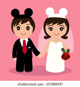 Wedding card with the newlyweds on a pink background. Bride and groom. Also suitable for invitation card. Vector illustration.