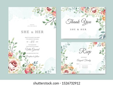 wedding card with ornament flowers and leaves