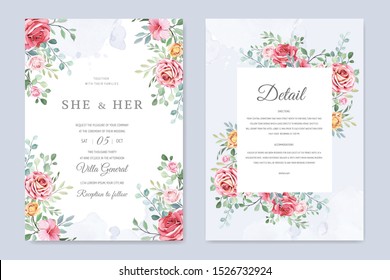 wedding card with ornament flowers and leaves