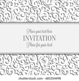 Wedding card with paper lace frame, lacy doily on greeting card invitation template.
