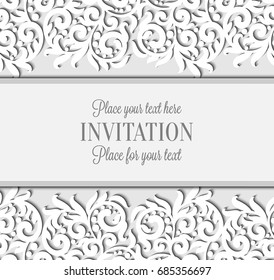 Wedding card with paper lace frame, lacy doily on greeting card invitation template.