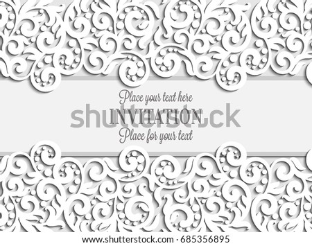 Wedding card with paper lace frame, lacy doily on greeting card invitation template.