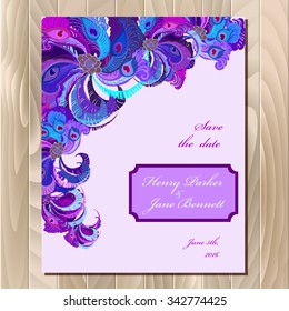 Wedding card with peacock feathers. Printable abstract background. Violet light design. Vector illustration. 