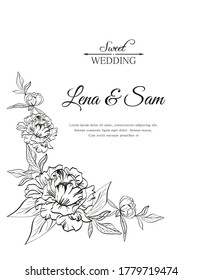 Wedding card with peony flowers and words happy wedding. Black and white colors.