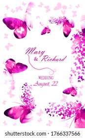 Wedding card with pink butterflies. Vector illustration