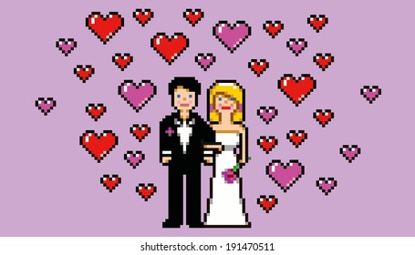 wedding card in pixel art game style vector illustration