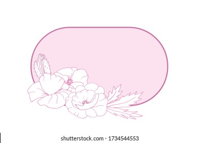 Wedding card with poppy flowers in a round frame. Pink color, art line. Floral frame design. Line art pink poppies. Wedding card. Vector illustration