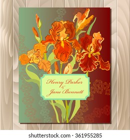 Wedding card with red, orange yellow, green iris flower wreath background. Iris bouquet  hand drawn vector illustration. Printable circle design on square background. Save the date text place.
