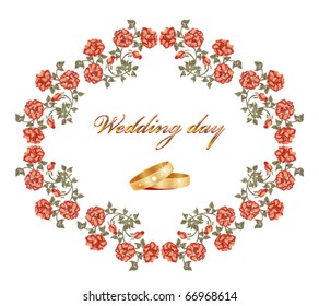 wedding card with  red roses and rings