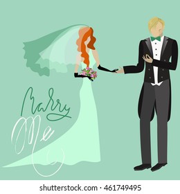 Wedding Card in Retro Style. Marry Me. Grunge Lettering. Red bride in green dress and groom.
