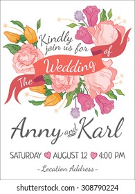 Wedding card with ribbon and vector flower design