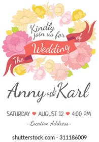 Wedding card with ribbon and vector flower design in  style folk handicraft 