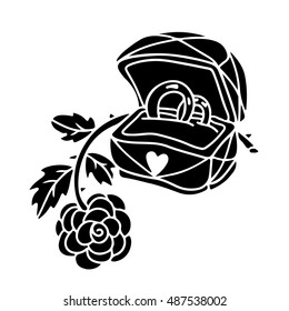 Wedding card. Wedding rings. Open gift box, flower rose, heart. Black hand drawn isolated on white background
