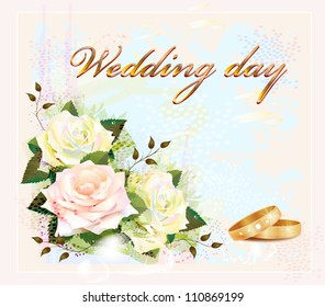 wedding card  with  rings and roses