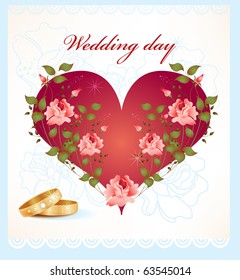 wedding card with rings and roses