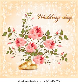 wedding card with rings and roses