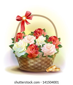 Wedding card.    Rings and  wicker basket  with roses.