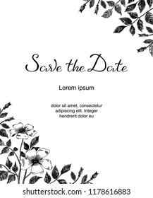 Wedding card with rosa canina sketch flowers, leaves. Rustic banner template. Vector floral invitation background. Hand drawn Save the Date typography lettering poster, perfect for kraft paper print
