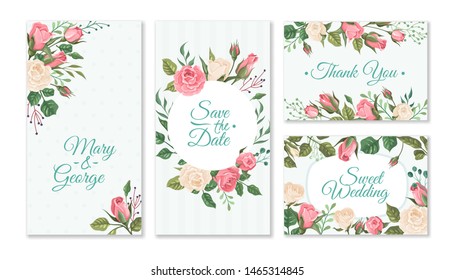 Wedding card with roses. Weddings floral invitation cards with red and pink roses and green leaves. Vector party flyers template for greeting rustic vintage decoration