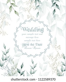 Wedding card round frame watercolor green leaves Vector