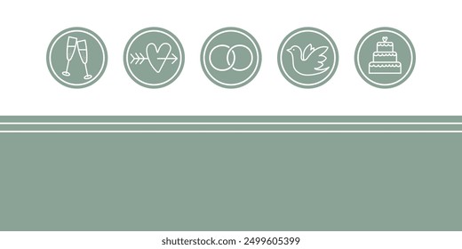 Wedding card in sage green and white with rings, heart, dove, champagne glasses and wedding cake. Free space for text. Template for invitations, greetings and thank you cards.