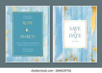 Tarjeta de matrimonio, Save the Date diseño de lujo. Tarjeta de textura azul acuarela y dorada, afiche, fondo. 