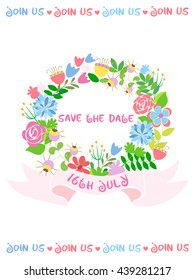 Wedding card Save the date A wreath of flowers, heraldic ribbon with the date 