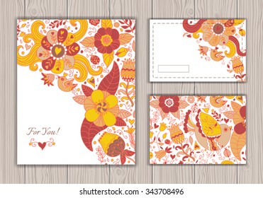 Wedding card set with abstract background with contour drawing of flowers and birds. Vector illustration.  Place for text. Easy to edit.