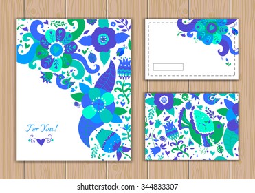 Wedding card set with abstract background with contour drawing of flowers and birds. Vector illustration.  Place for text. Easy to edit.