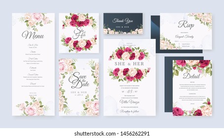 wedding card set with beautiful floral and leaves background template