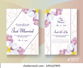 Wedding Card Set. Blossom Pink and White Flowers on Corners, Editable Text in Frame. Marble Romantic Design. Just Married, Save Moments, Bridal Names, Date Lettering. Vector EPS Illustration